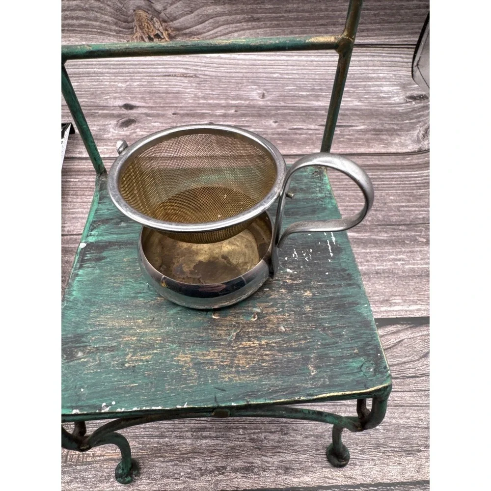 Antique German Tea Bag Mesh Swivel Strainer Silver Colored Drip Cup and Handle
